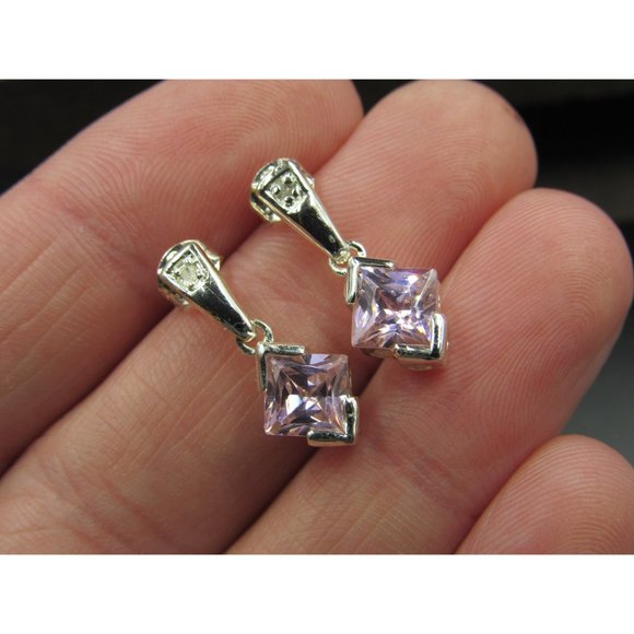 Sterling Silver Pink Well Cut CZ And Diamond Chip Earrings Vintage Wedding - Picture 2 of 6